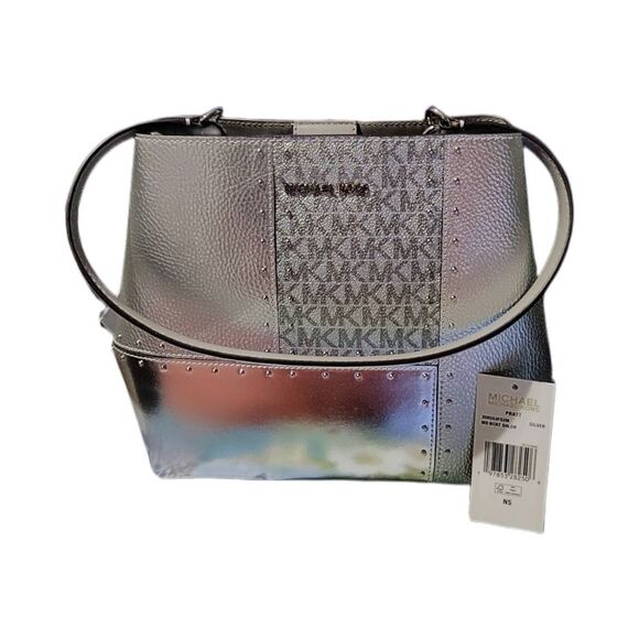 NWT~MICHAEL KORS Pratt Medium Studded Metallic Patchwork Sig Logo Shoulder Bag - Picture 1 of 7